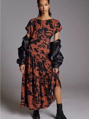 Eva Franco Rust and Black Floral Tiered Maxi Dress with Short Sleeves